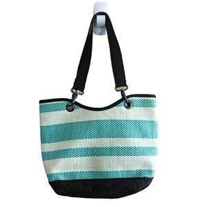 Thirty-One Striped Turquoise & Cream Tote Bag with Brown Straps & Base